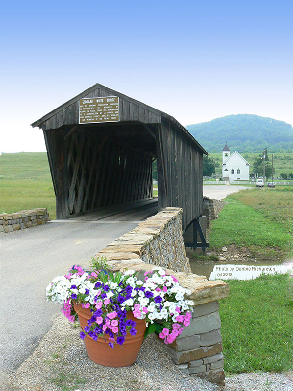 image of Goddard Bridge and church in background with pot of petunias in foreground